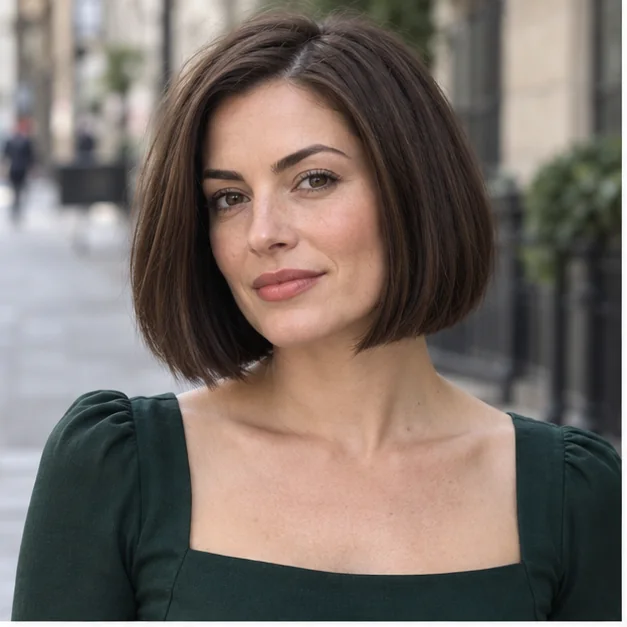 Woman with thick chin length bob and hidden internal layers