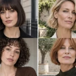 Four chin-length haircuts with bangs, waves, curls and a silver bend on women with long faces