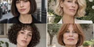 Four chin-length haircuts with bangs, waves, curls and a silver bend on women with long faces