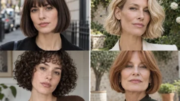 Four chin-length haircuts with bangs, waves, curls and a silver bend on women with long faces