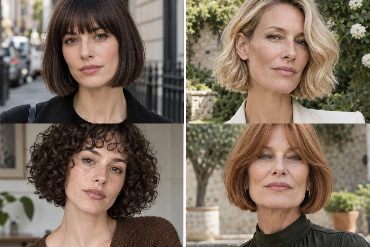 Four chin-length haircuts with bangs, waves, curls and a silver bend on women with long faces