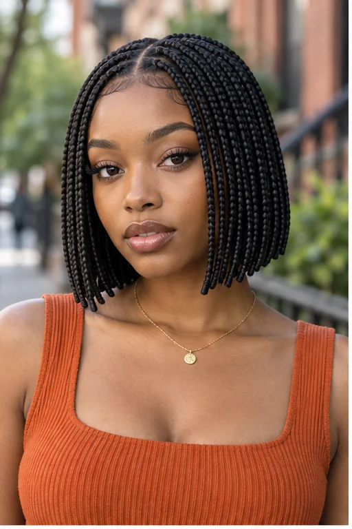 Black woman with chin-length micro knotless bob braids
