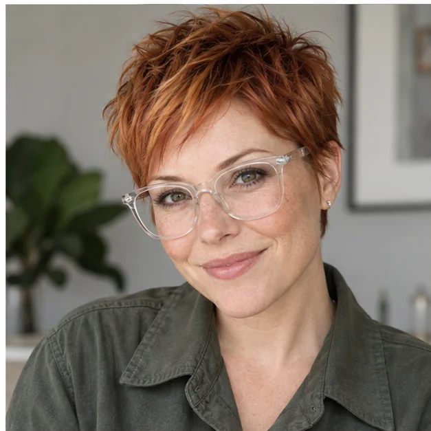 Woman in clear glasses with a choppy copper pixie