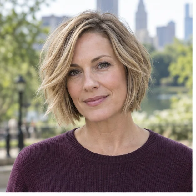 Woman with choppy layered short bob for thick hair