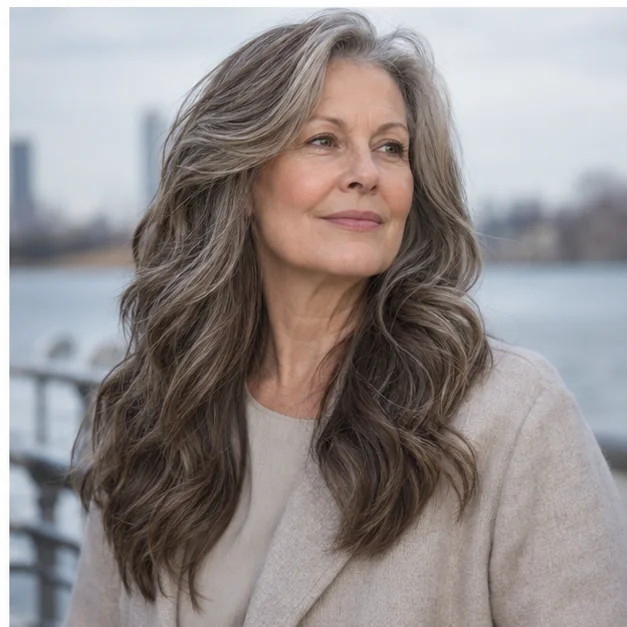 Woman with long wavy hair and choppy textured layers