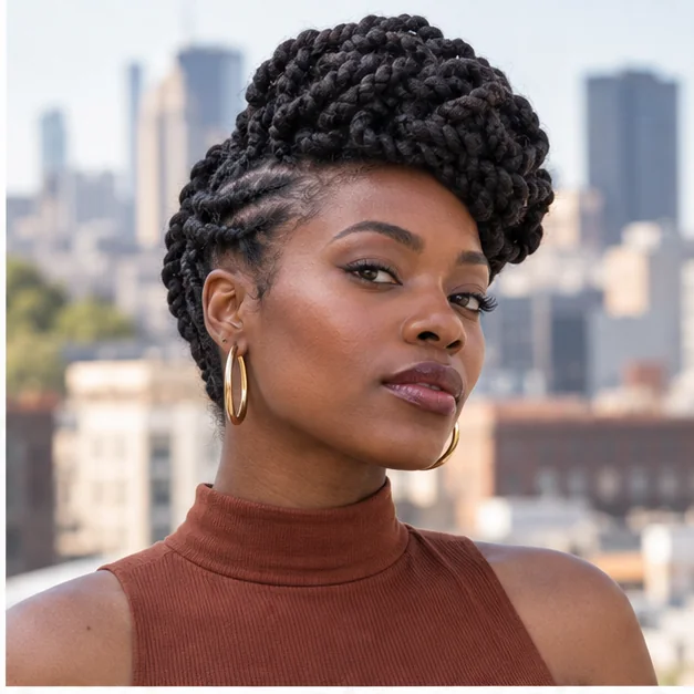 Black woman with a chunky two-strand twist updo