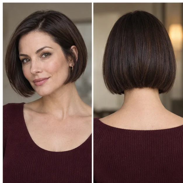 Same woman shown from front and back wearing a classic chin-length bob