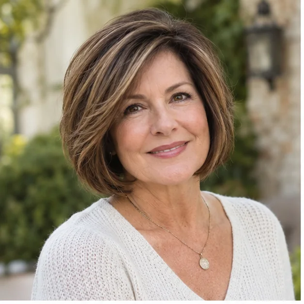 Woman over 50 with a classic chin-length layered bob