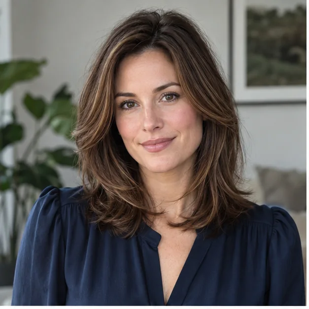 Woman with thin hair in a classic collarbone modern Rachel haircut