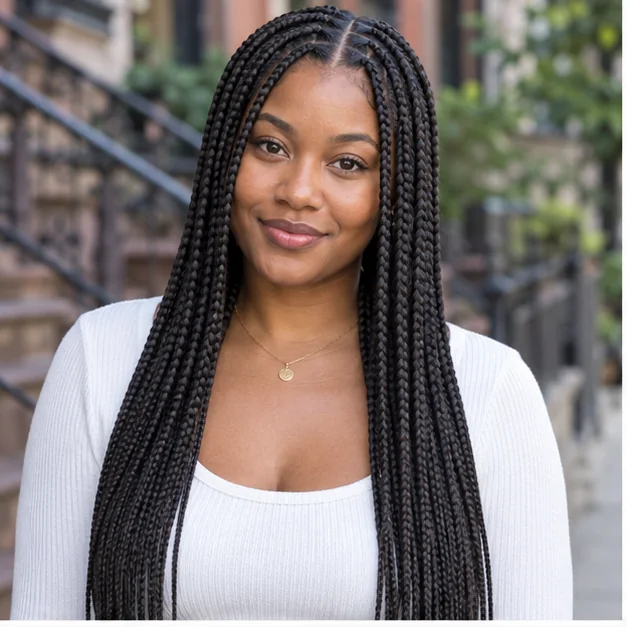 Black woman with classic medium knotless braids and a center part