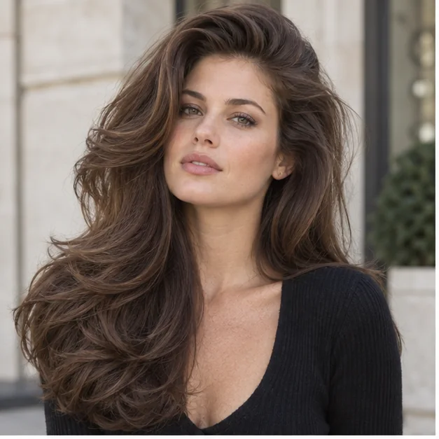 Woman with long brunette hair in a classic voluminous 90s supermodel blowout