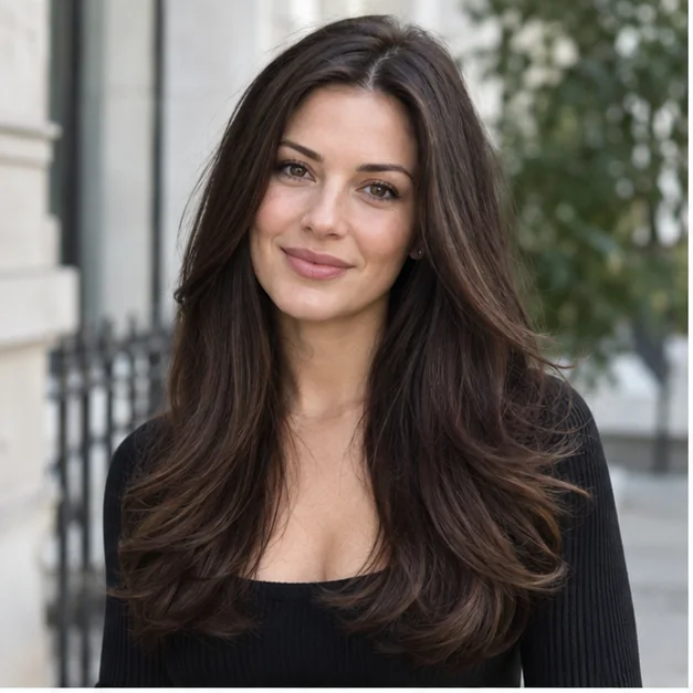 Woman with glossy brunette hair in classic U-shaped long layers