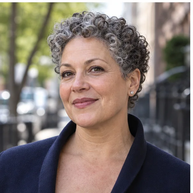 Woman with a close curly crop and clean tapered nape