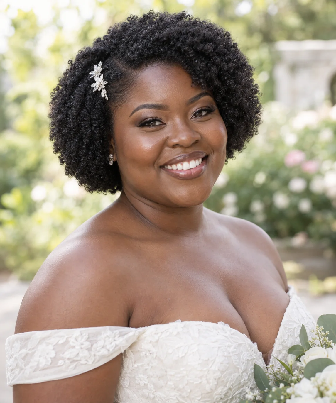 Bride with a shaped coily bob and delicate side clip