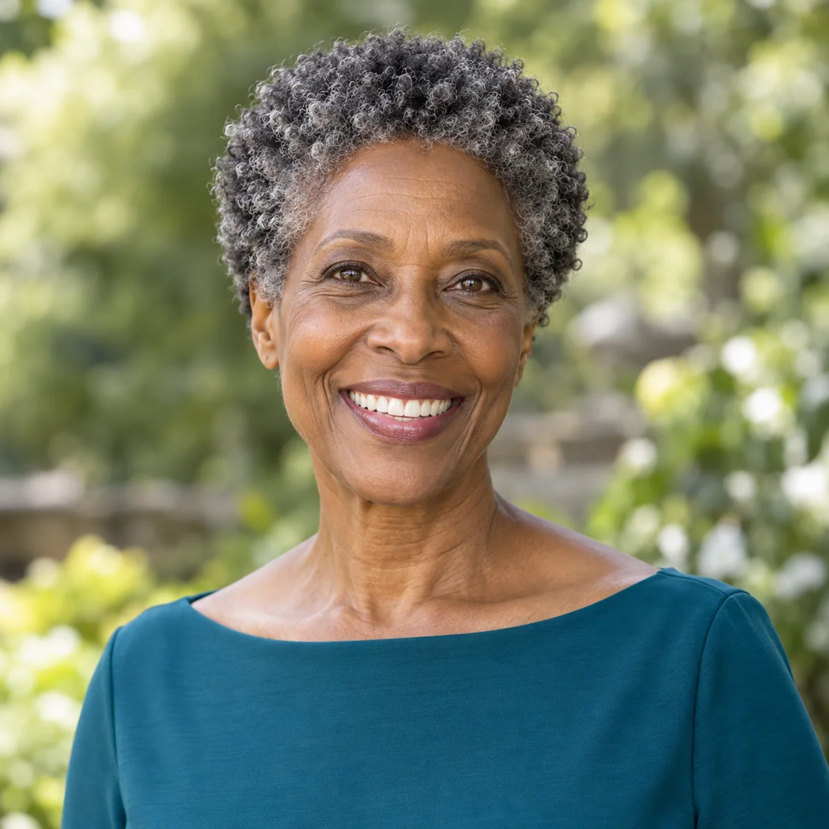 Black woman over 60 with a short coily tapered haircut