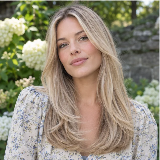 Woman with fine blonde hair and collarbone face-framing layers