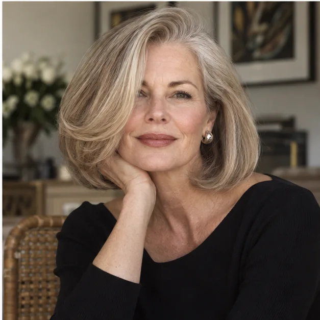 Woman with a polished collarbone lob styled in a voluminous 90s blowout