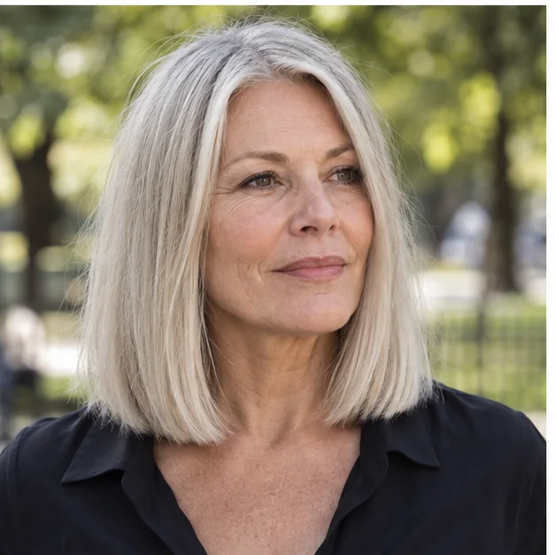 Woman with a blunt collarbone lob and thick-looking ends