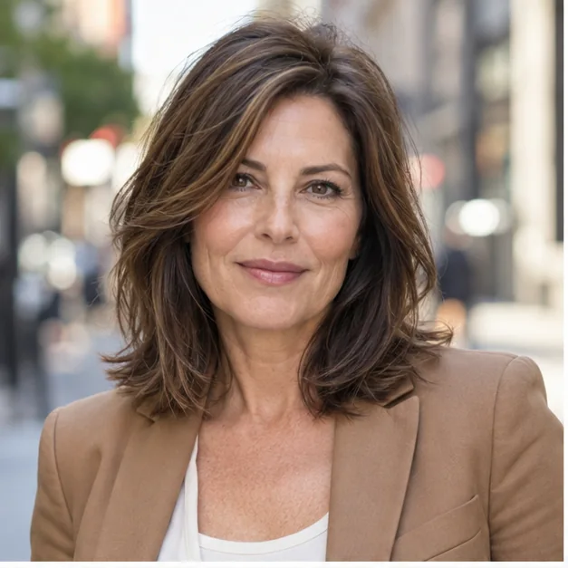 Woman over 50 with a collarbone lob and soft face-framing layers