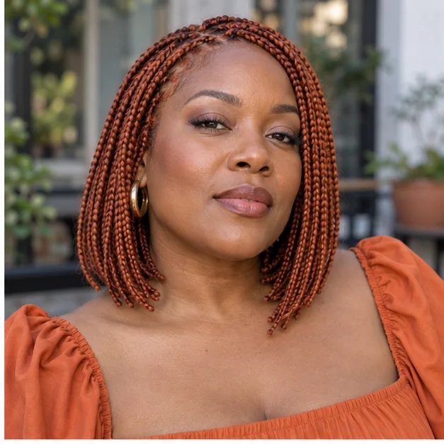 Black woman with copper knotless bob braids
