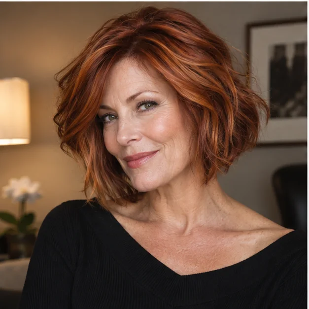 Woman over 50 with a warm copper layered bob