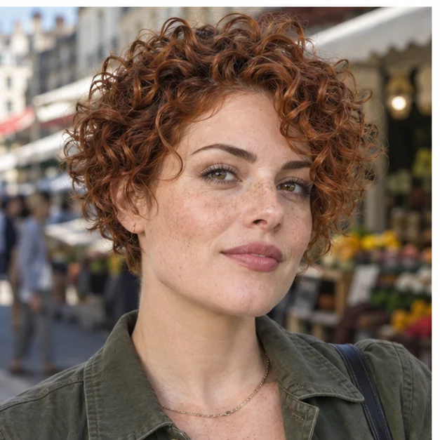 Woman with a copper cropped curly haircut and piecey texture