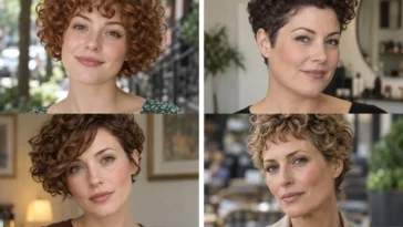 Collage of four women wearing distinct cropped curly haircuts