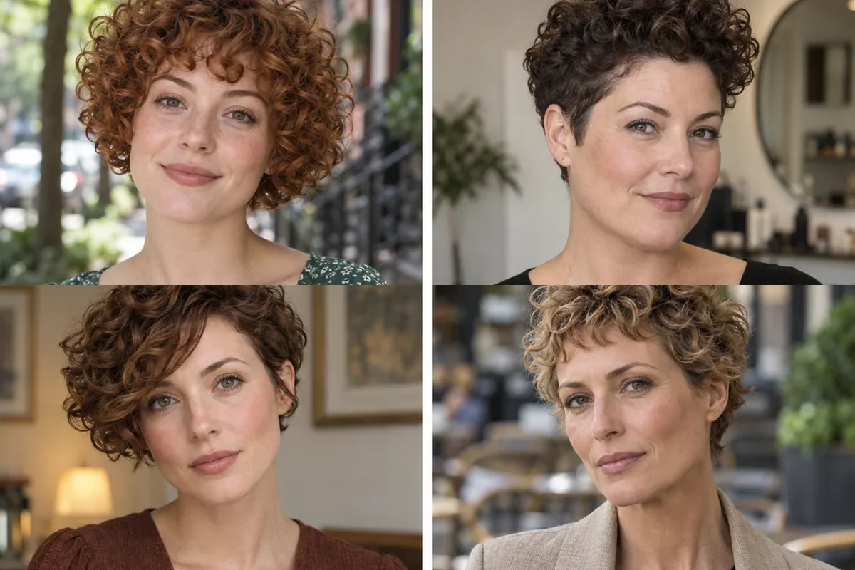 Collage of four women wearing distinct cropped curly haircuts