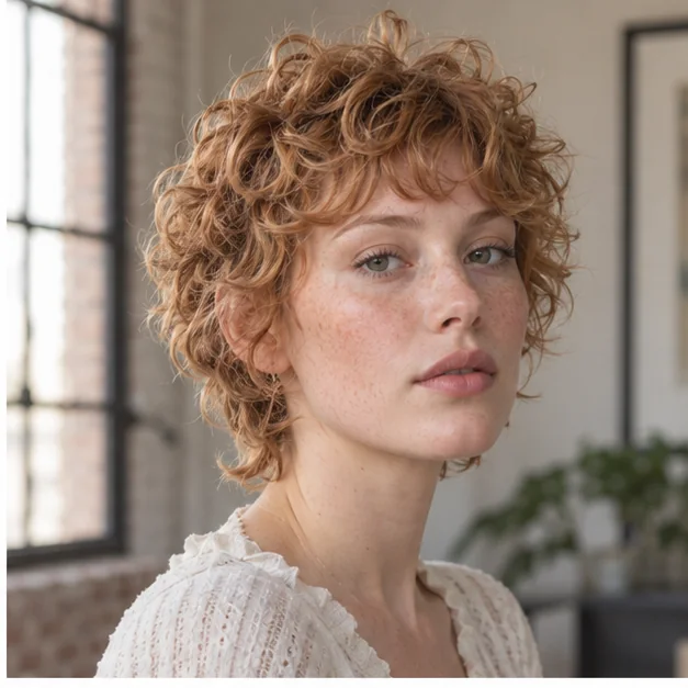 Woman with a short cropped curly shag and wispy fringe