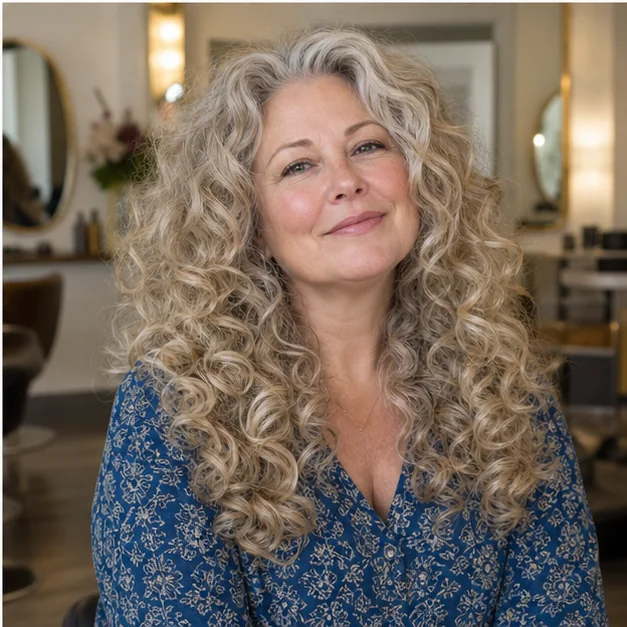 Woman with long defined curls shaped in rounded curl-by-curl layers