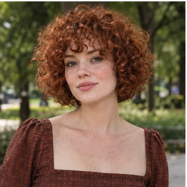 Woman with a curly bob and curl-by-curl bangs