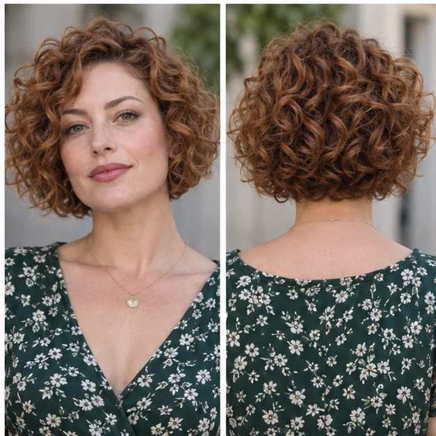 Same woman shown from front and back wearing a rounded natural curly bob