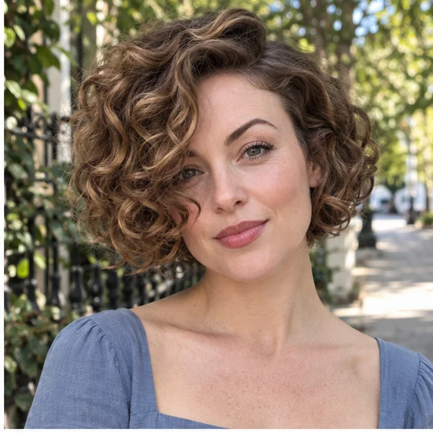Woman with curly short bob and side fringe on thick hair