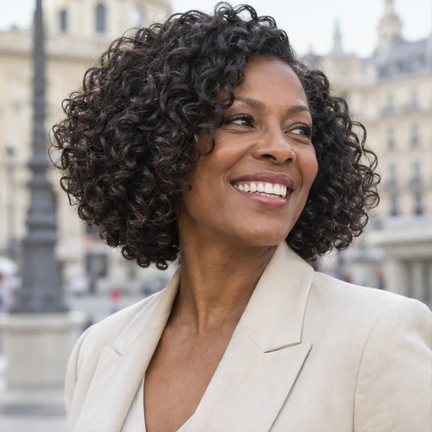 Woman with thick curly hair wearing a rounded bob with tapered nape