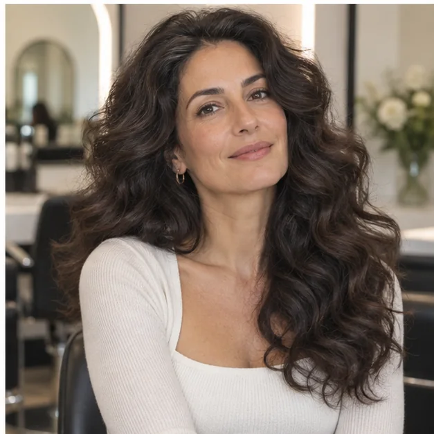 Woman with naturally curly dark hair stretched into a voluminous 90s blowout