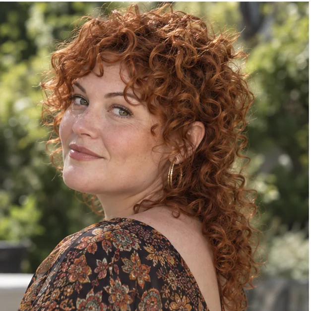 Woman with a curly modern mullet and longer ringlets at the nape
