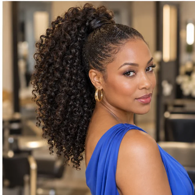 Black woman with a full curly natural ponytail and wrapped base