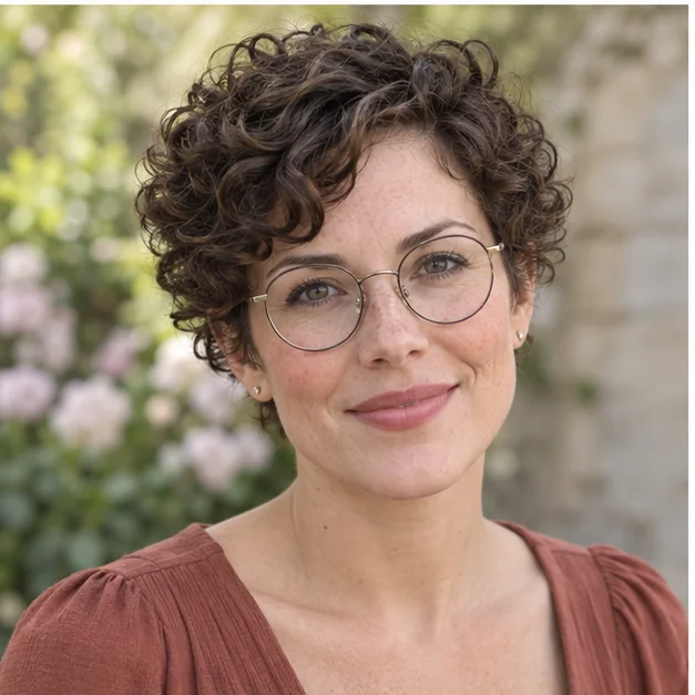 Woman with defined curly pixie hair and round wire glasses