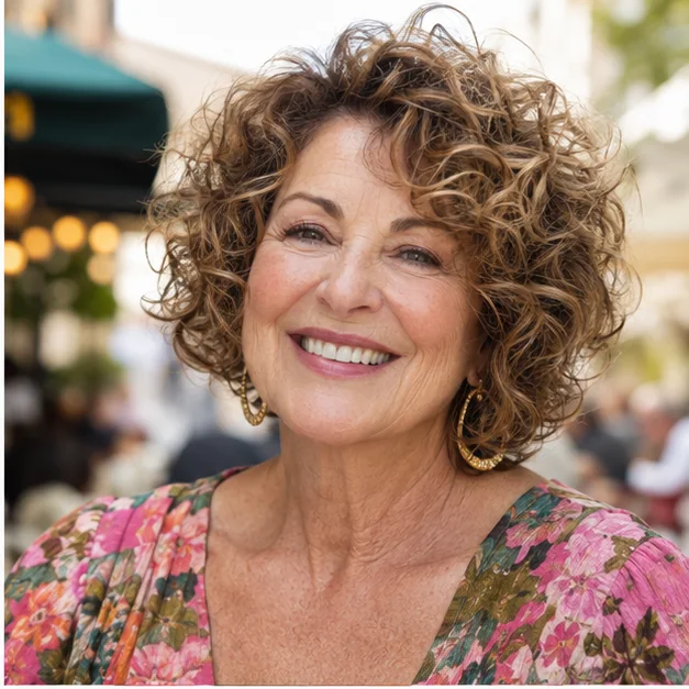 Woman over 50 with a rounded curly layered bob