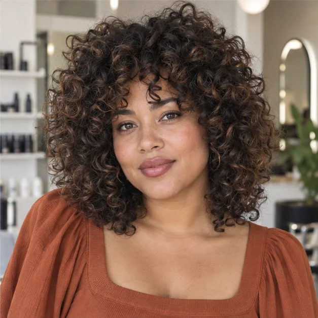 Woman with thick curly hair wearing a rounded layered shag