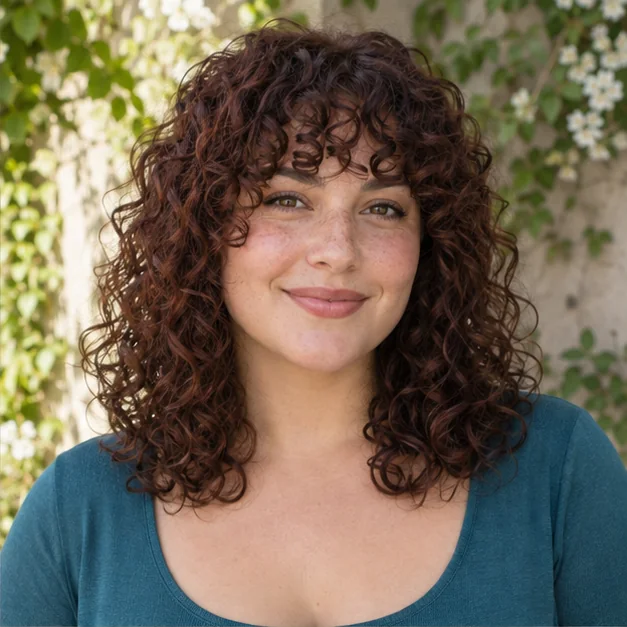 Woman with shoulder length curls and naturally curly bangs