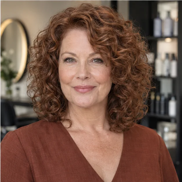 Woman over 50 with naturally curly hair in a rounded shoulder cut