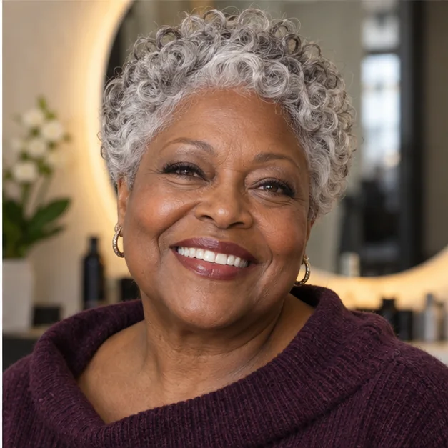Woman with a curly silver pixie and tapered sides