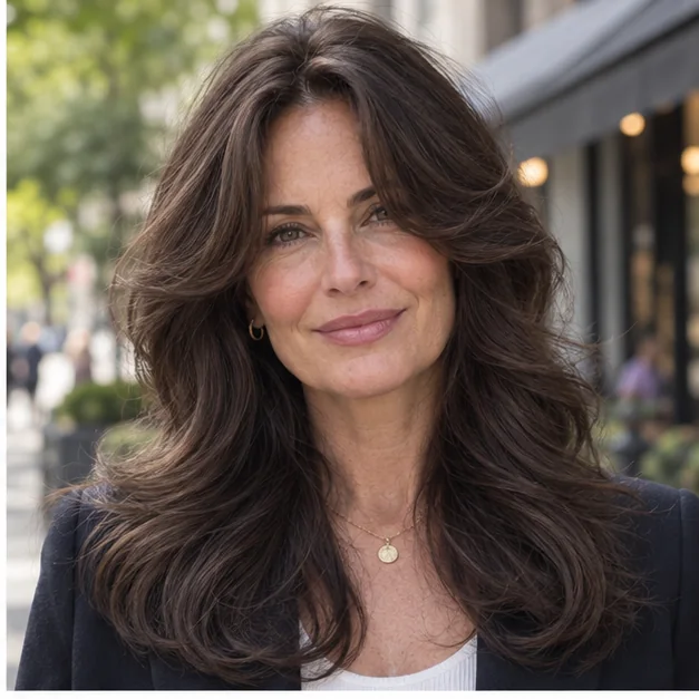 Woman with long dark hair and curtain bangs styled in a 90s blowout