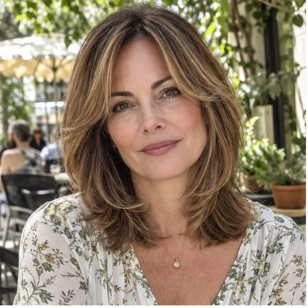 Woman over 50 with curtain fringe and collarbone layers