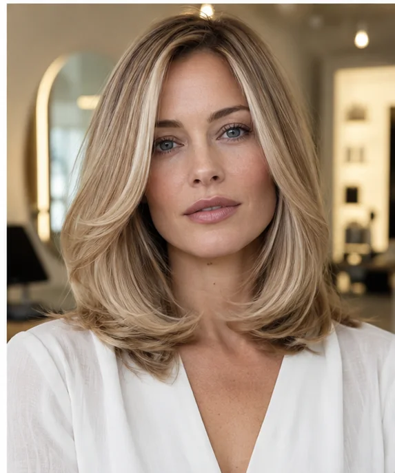 Woman with glossy curved face-framing layers and rounded ends