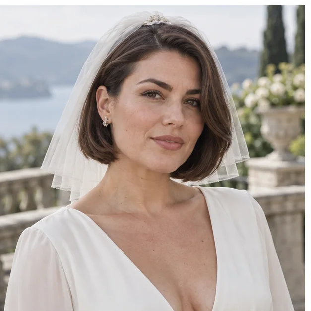 Bride with a curved-under bob and short sheer veil