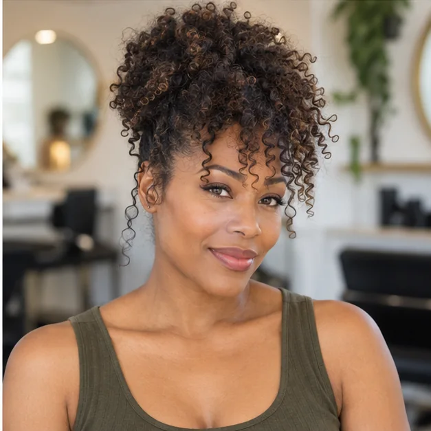 Black woman with a loose day-five pineapple natural updo