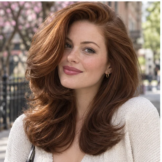 Woman with glossy auburn hair in a deep side-part 90s blowout