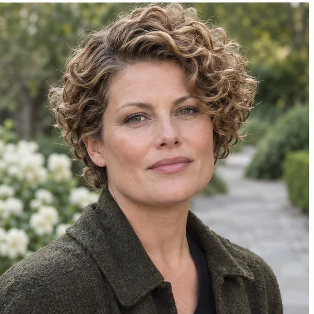Woman with a deep side-parted cropped curly haircut